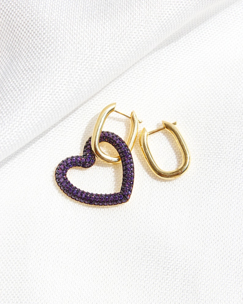 Gold Plated Mismatched Heart Hoop Earrings, Sterling Silver Square Hoop Earrings, Asymmetric Heart Dangle Earrings, Love Romantic Earrings Purple