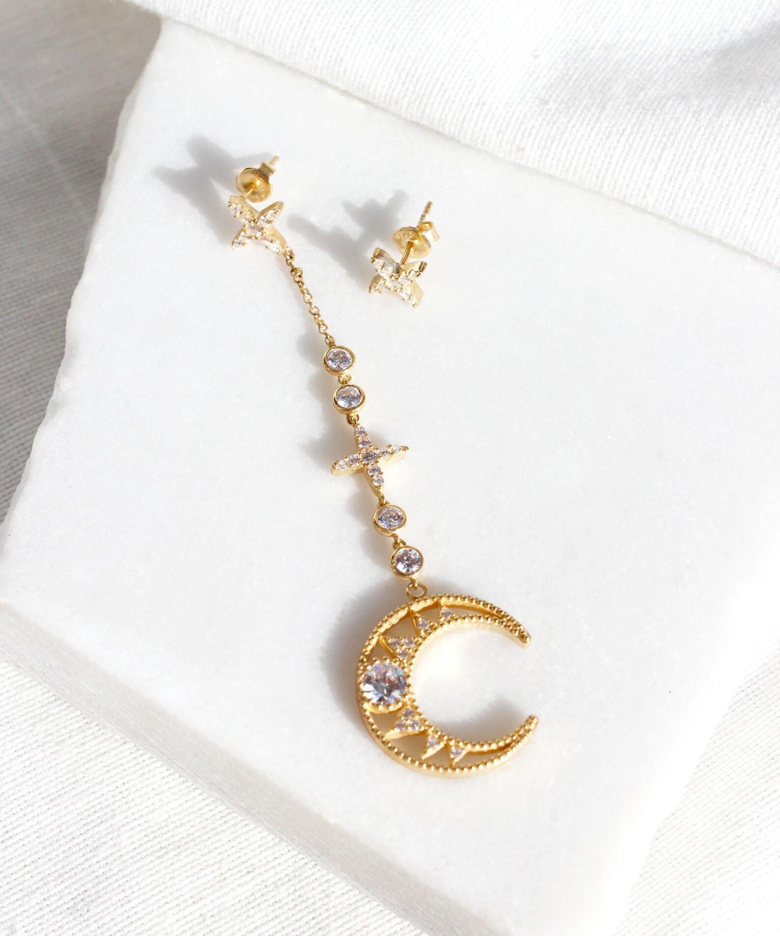 Moon and Stars Earrings / Gold Plated Asymmetric Earrings / - Etsy