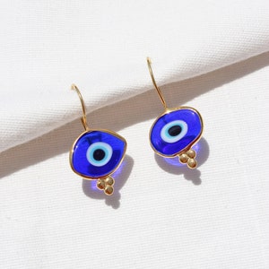 14K Gold Plated Evil Eye Glass Bead Drop Earrings, Organic Shaped Turkish Evil Eye Hook Earrings, Sterling Silver Nazar Protection Earrings image 8