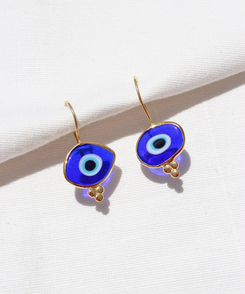 14K Gold Plated Evil Eye Glass Bead Drop Earrings, Organic Shaped Turkish Evil Eye Hook Earrings, Sterling Silver Nazar Protection Earrings image 8