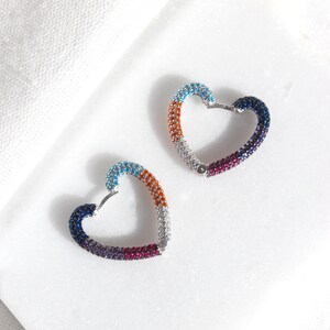 Sterling Silver Colorful CZ Pave Heart Hoop Earrings, Multicolor Heart Shaped Earrings, Unique Rainbow Love Huggie Earrings, Modern Jewelry