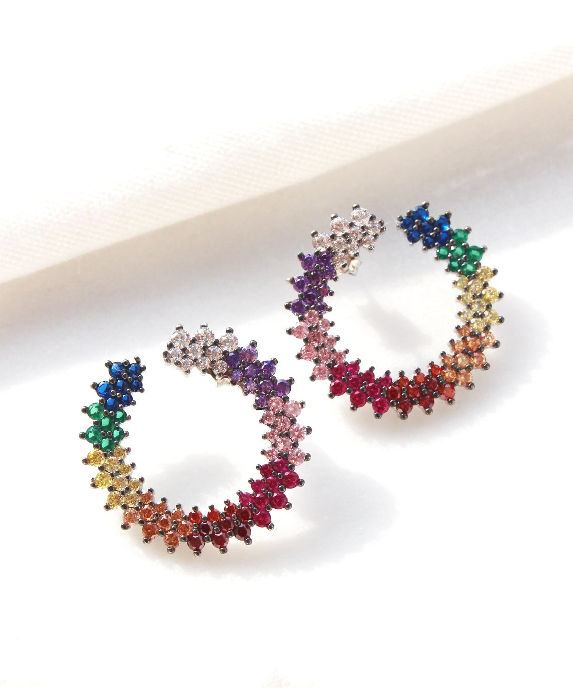 Rainbow Sideways Hoop Earrings / Colorful Crystal Hoop Etsy