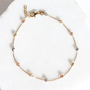14K Solid Gold Ball Chain Bracelet, Tricolor Gold Satellite Beaded Bracelet, Three Tone Dorica Bead Bracelet, Multi Strand Station Bracelet