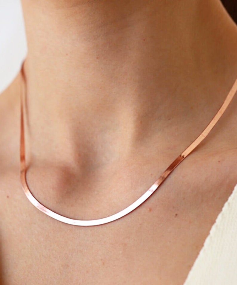 Gold Plated Herringbone Chain Necklace, Layering Chain Necklace, 925 Sterling Silver Flat Chain, Rose Gold Snake Chain Necklace image 6