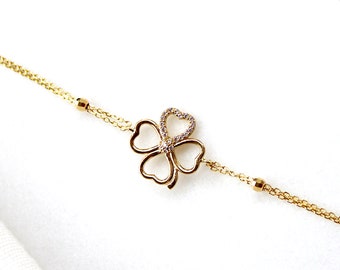 Pulsera de trébol de oro macizo de 14 quilates: amuleto de la suerte de trébol de cuatro hojas, pavé de circonitas cúbicas