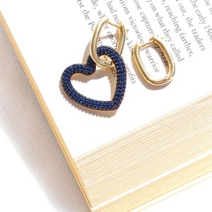 Gold Plated Mismatched Heart Hoop Earrings, Sterling Silver Square Hoop Earrings, Asymmetric Heart Dangle Earrings, Love Romantic Earrings Navy