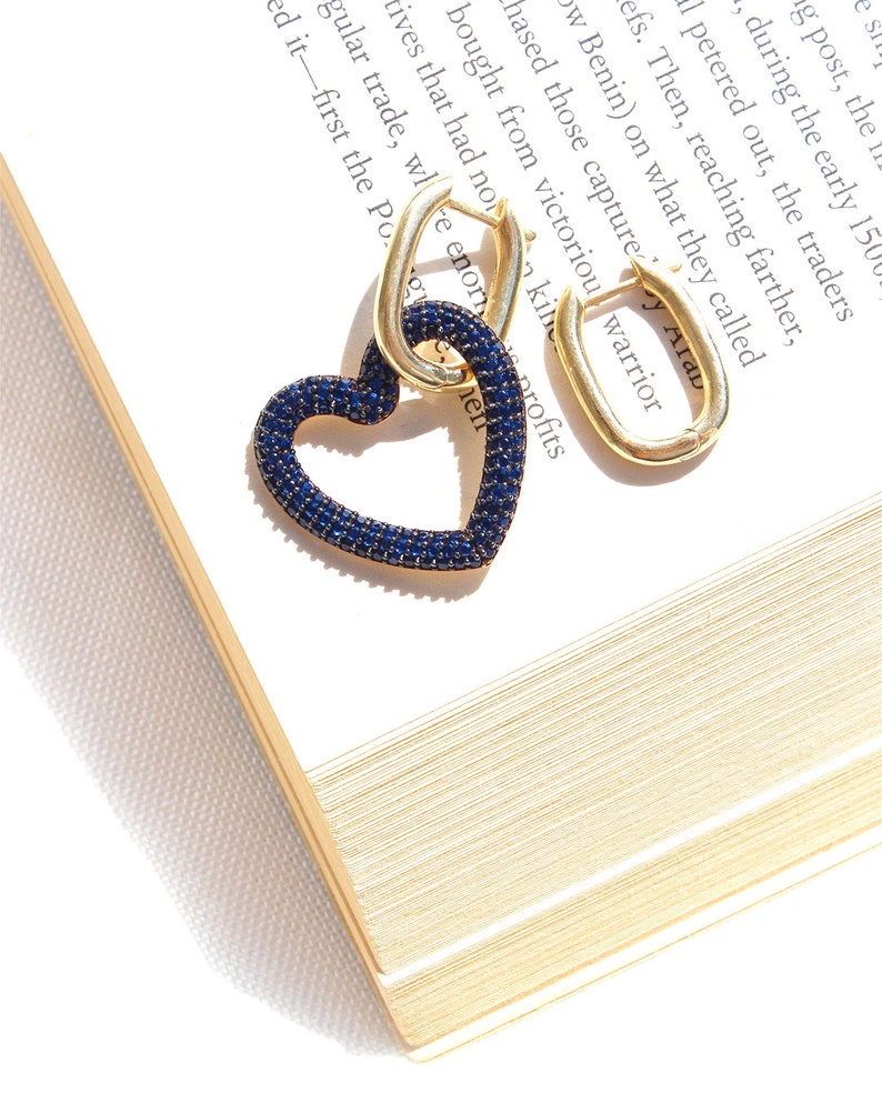 Gold Plated Mismatched Heart Hoop Earrings, Sterling Silver Square Hoop Earrings, Asymmetric Heart Dangle Earrings, Love Romantic Earrings Navy