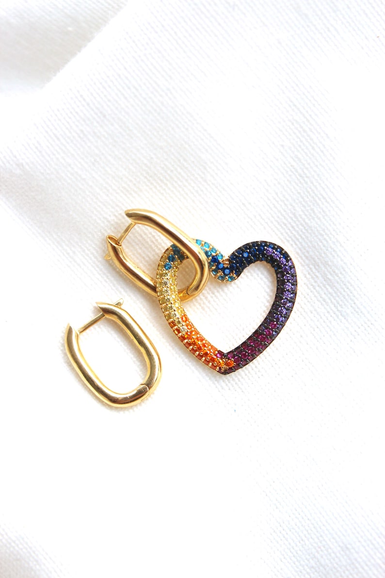 Gold Plated Mismatched Heart Hoop Earrings, Sterling Silver Square Hoop Earrings, Asymmetric Heart Dangle Earrings, Love Romantic Earrings Multicolor