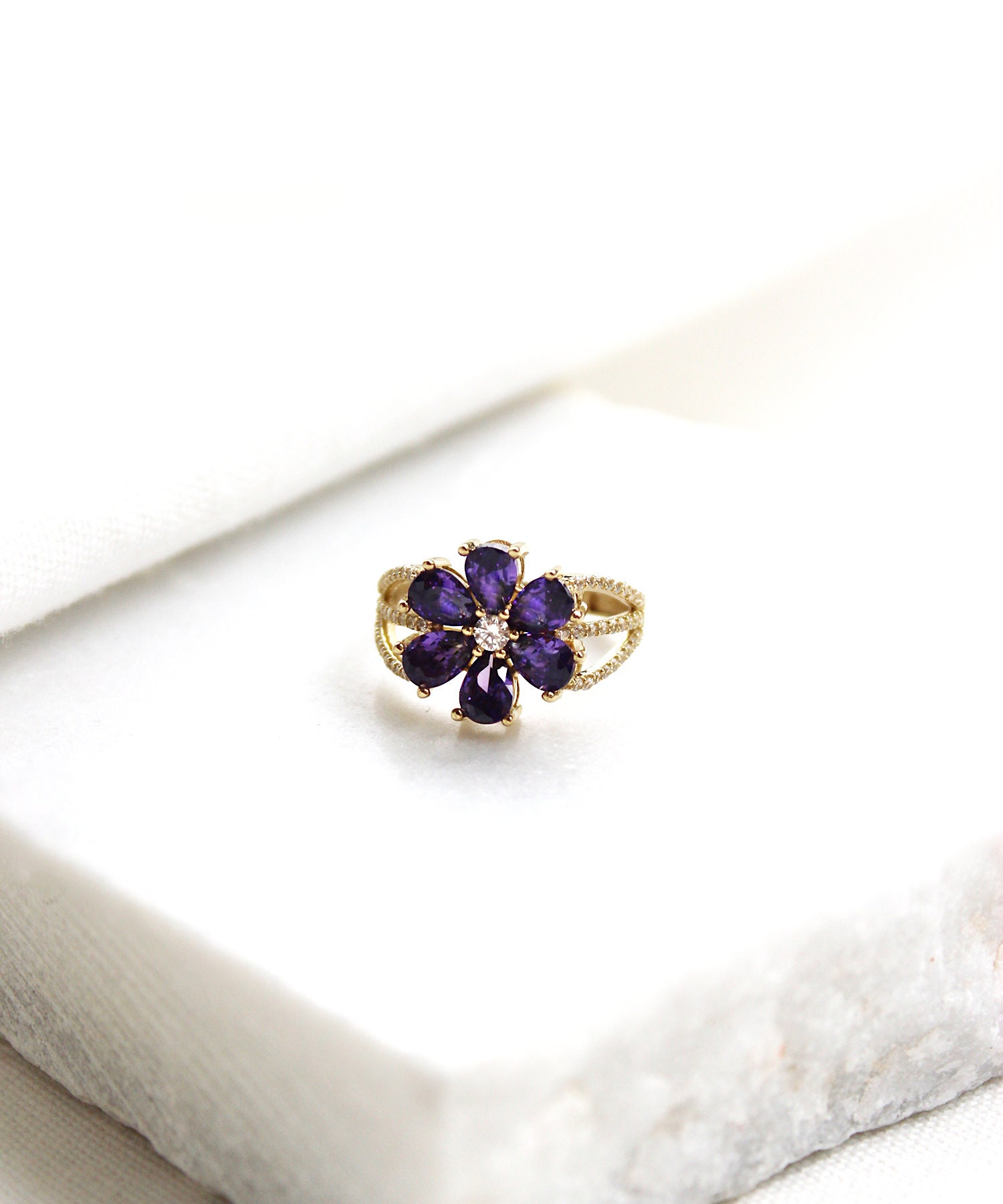 Purple Flower Ring 14K Solid Gold / Daisy Ring / Purple Etsy
