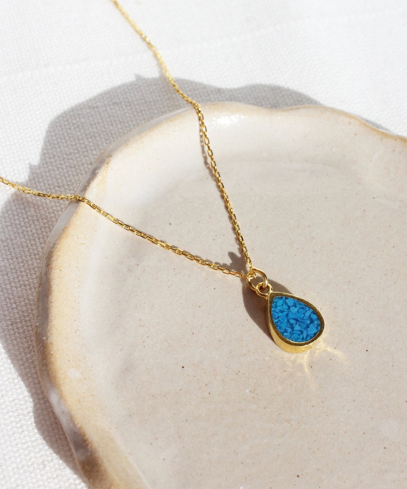 Mosaic Turquoise Teardrop Necklace, Sterling Silver Raw Turquoise Drop Necklace, 14K Gold Plated Blue Gemstone Pendant, Dainty Gift for Her image 5