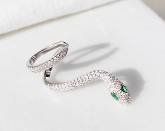 Sterling Silver Snake Ear Cuff: Serpent Climber Stud Earrings, Green Cubic Zirconia