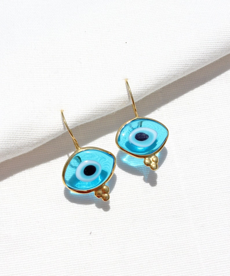 14K Gold Plated Evil Eye Glass Bead Drop Earrings, Organic Shaped Turkish Evil Eye Hook Earrings, Sterling Silver Nazar Protection Earrings image 1