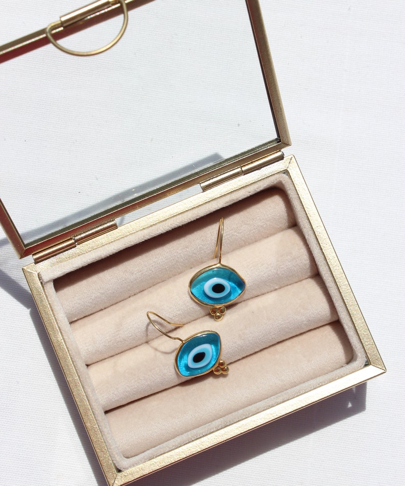 14K Gold Plated Evil Eye Glass Bead Drop Earrings, Organic Shaped Turkish Evil Eye Hook Earrings, Sterling Silver Nazar Protection Earrings image 3