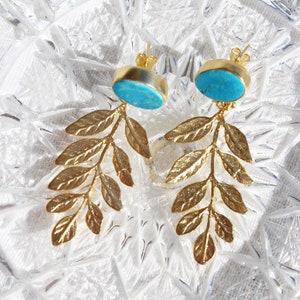 Natural Raw Turquoise Leaf Dangle Earrings, Gold Plated Leaves Botanical Floral Drop Earrings, Artisan Designer Olive Branch Stud Earrings image 6