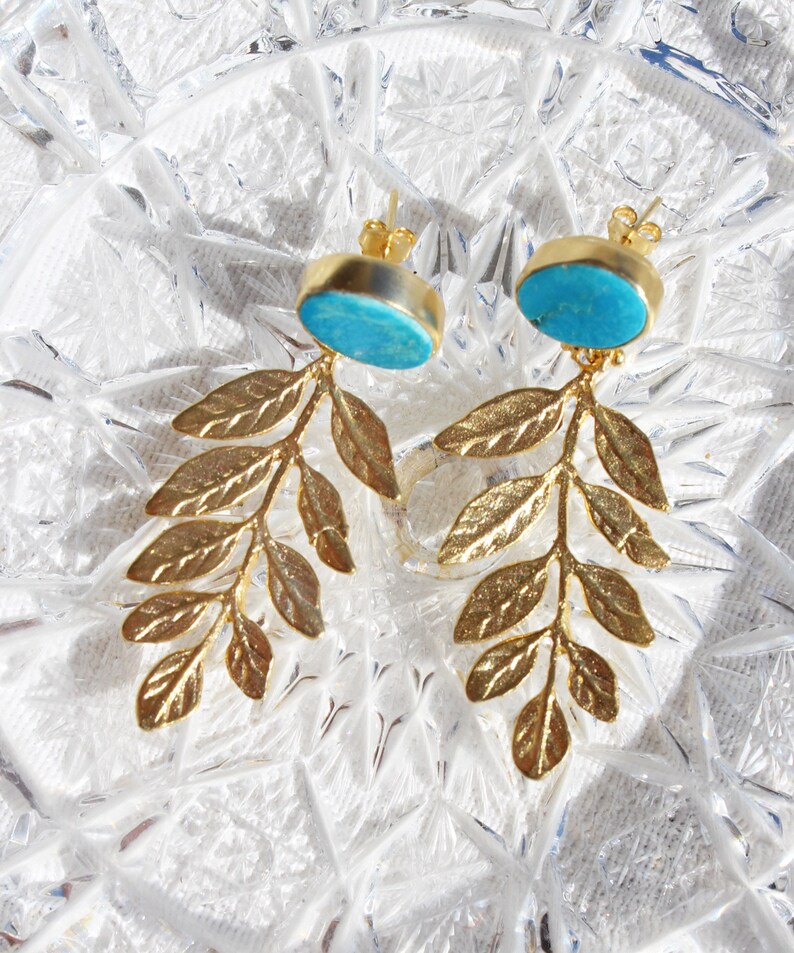 Natural Raw Turquoise Leaf Dangle Earrings, Gold Plated Leaves Botanical Floral Drop Earrings, Artisan Designer Olive Branch Stud Earrings image 6