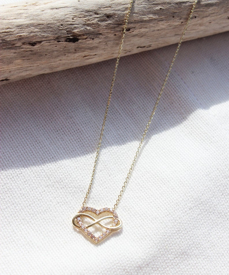 14K Solid Gold Intertwined Heart and Infinity Symbol Necklace, Eternity Eternal Love Pendant, Infinite Love Layering Necklace, Gift for Her image 1