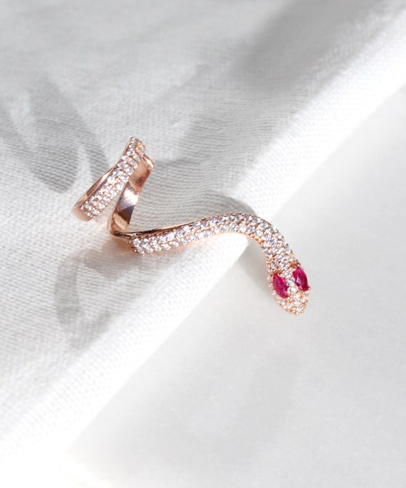 14K Rose Gold Plated Pink Snake Ear Cuff: Sterling Silver Serpent Climber Stud Earrings