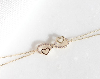 Pulsera de oro macizo de 14 quilates con corazón e infinito: dije de doble corazón, joyería de eternidad con pavé de circonitas cúbicas.