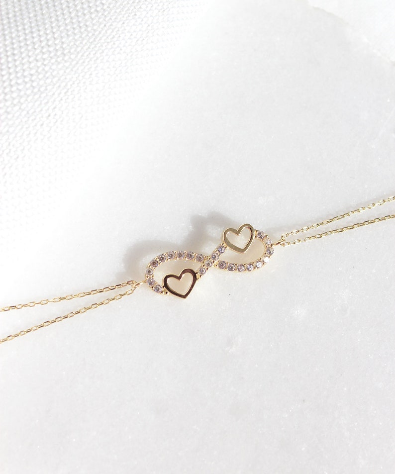 Heart and Infinity Symbol Bracelet 14K Solid Gold Double Heart Bracelet Eternity Bracelet Bridal Jewelry Valentine/'s Day Gift