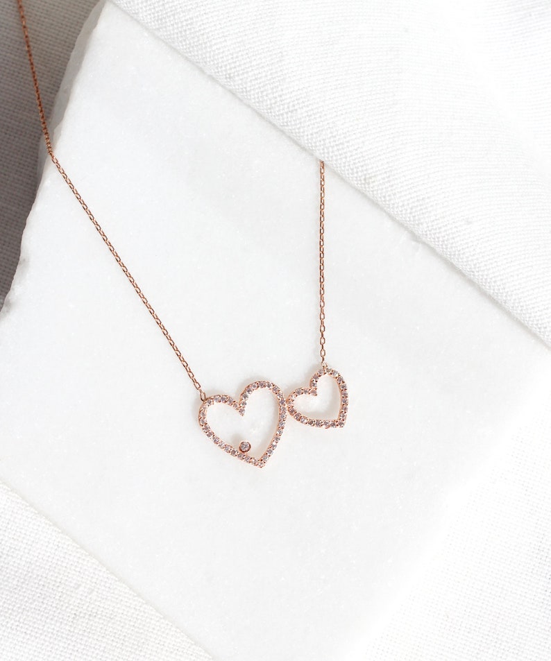 Double Heart Necklace Love Necklace Mother Child Necklace Two Hearts Necklace Gift for Her Gift for Mom