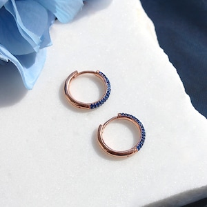 Sterling Silver Sapphire Blue Pave Hoop Earrings, 14K Gold Plated Navy Cubic Zirconia Pave Hoop Earrings, Minimalist Small Mini Hoop Earring