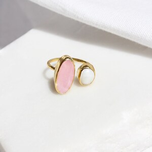Raw Ruby and Baroque Pearl Adjustable Ring, 14K Gold Plated Genuine Ruby Hammered Silver Ring, July Birthstone, Natural Pink Gemstone Ring image 10