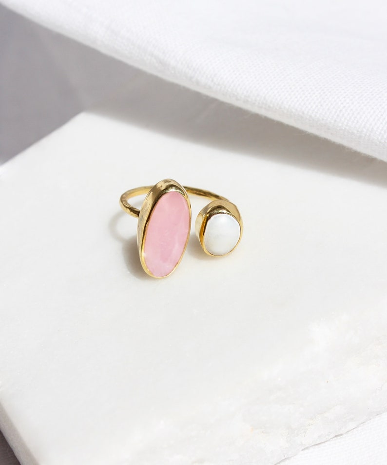 Raw Ruby and Baroque Pearl Adjustable Ring, 14K Gold Plated Genuine Ruby Hammered Silver Ring, July Birthstone, Natural Pink Gemstone Ring image 10