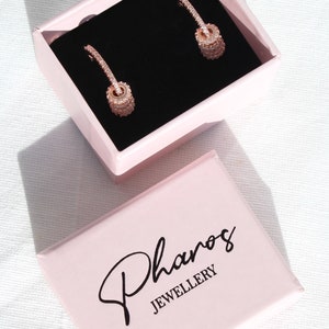 Rose Gold Plated Hoop Earrings with Sliding Rings, Unique Cubic Zirconia Pave Set Hoop Earrings, Sterling Silver Small Circle Charm Earrings image 3