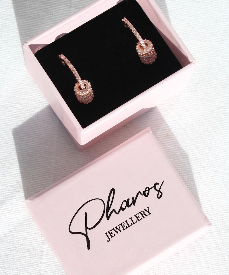 Rose Gold Plated Hoop Earrings with Sliding Rings, Unique Cubic Zirconia Pave Set Hoop Earrings, Sterling Silver Small Circle Charm Earrings image 3