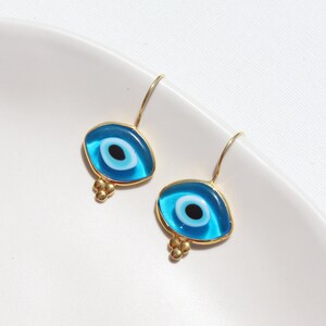 14K Gold Plated Evil Eye Glass Bead Drop Earrings, Organic Shaped Turkish Evil Eye Hook Earrings, Sterling Silver Nazar Protection Earrings image 5