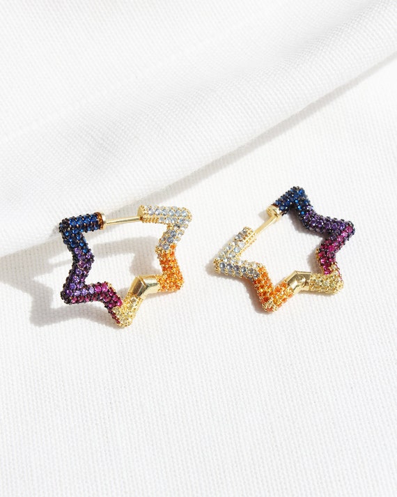 14K Gold Plated Colorful Star Hoop Earrings: Sterling Silver  14K Yellow Gold Sterling Silver with Multicolored Cubic Zirconia Hoop Earrings main image 0