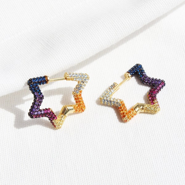 14K Gold Plated Star Hoop Earrings, Sterling Silver Colorful Star Shaped Earrings, Multicolor Cubic Zirconia Pave Star Hoop Earrings