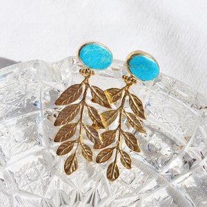 Natural Raw Turquoise Leaf Dangle Earrings, Gold Plated Leaves Botanical Floral Drop Earrings, Artisan Designer Olive Branch Stud Earrings image 3