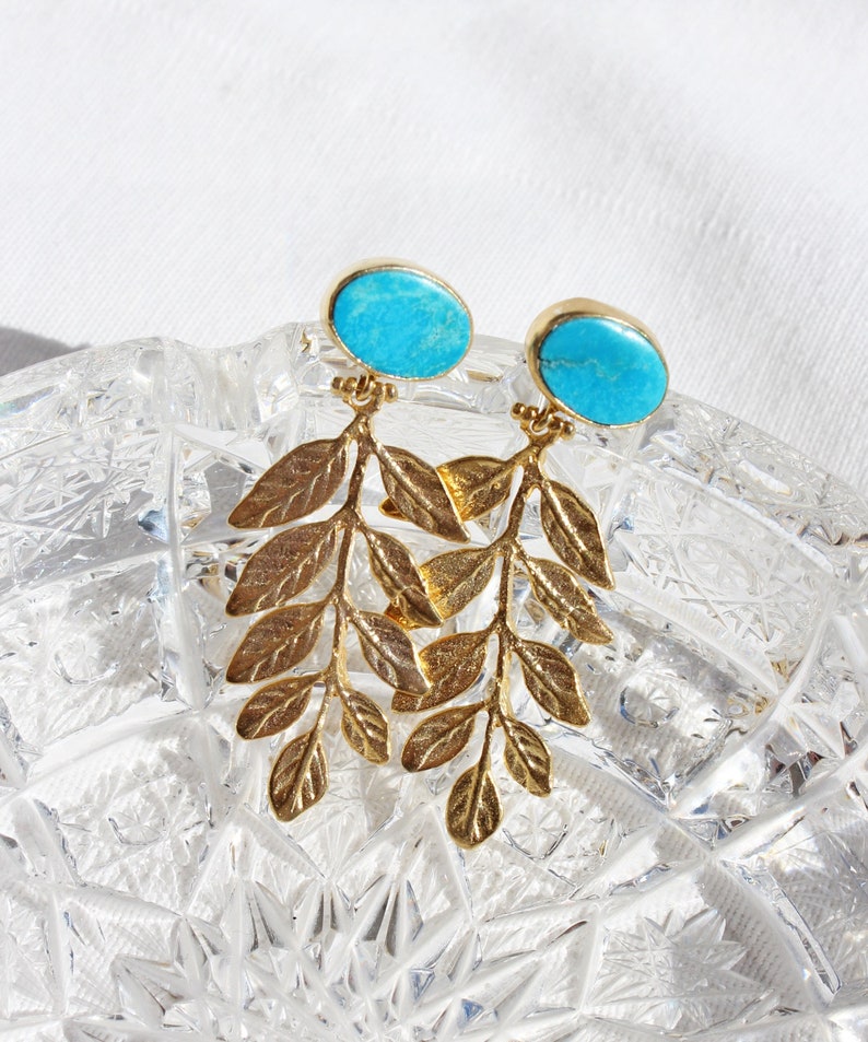 Natural Raw Turquoise Leaf Dangle Earrings, Gold Plated Leaves Botanical Floral Drop Earrings, Artisan Designer Olive Branch Stud Earrings image 3