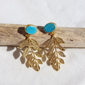 Natural Raw Turquoise Leaf Dangle Earrings, Gold Plated Leaves Botanical Floral Drop Earrings, Artisan Designer Olive Branch Stud Earrings image 5