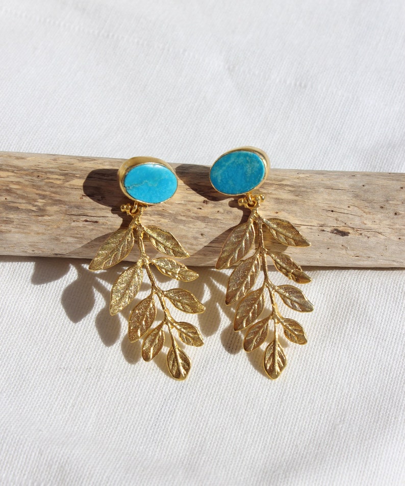 Natural Raw Turquoise Leaf Dangle Earrings, Gold Plated Leaves Botanical Floral Drop Earrings, Artisan Designer Olive Branch Stud Earrings image 5