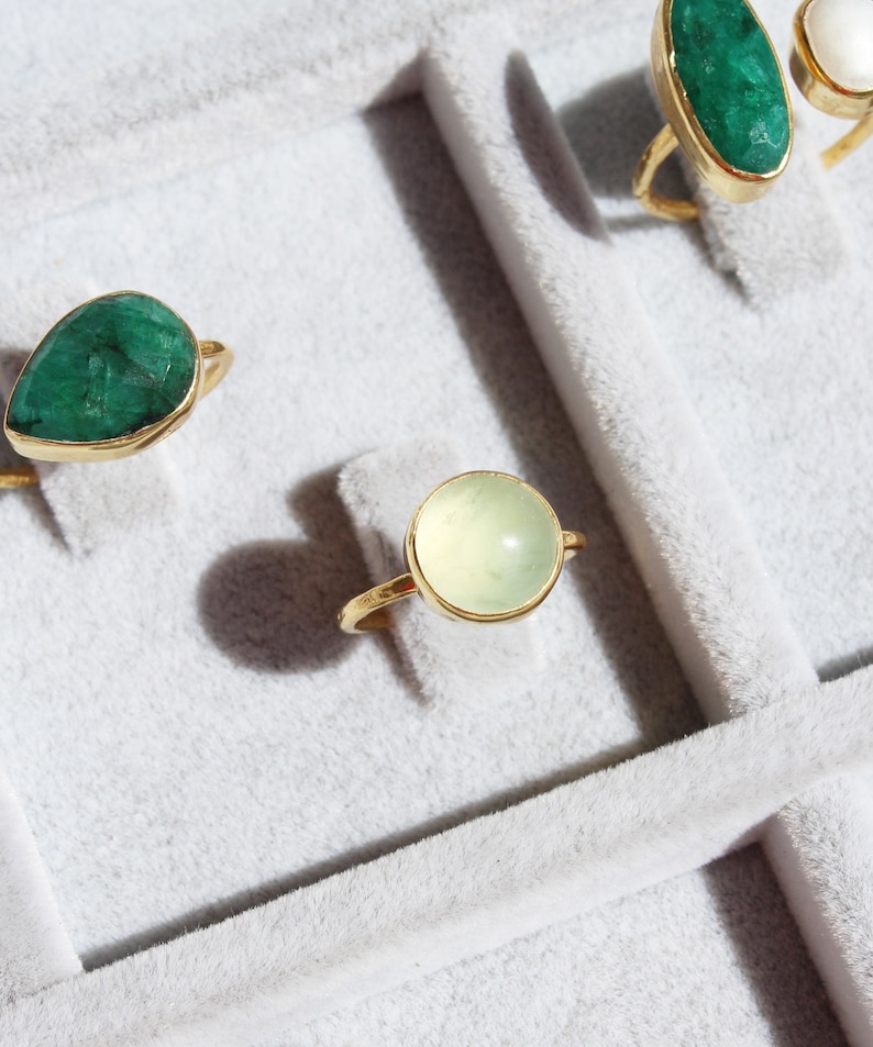 Gold Plated Raw Emerald Ring, May Birthstone Ring, Boho Adjustable Stacking Ring, Circle Round Stone Ring, Modern Geometric Jewelry, image 6