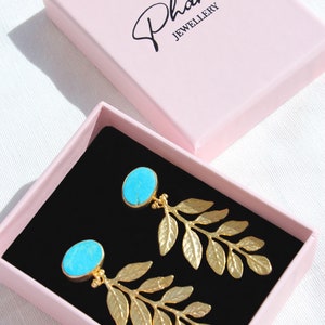 Natural Raw Turquoise Leaf Dangle Earrings, Gold Plated Leaves Botanical Floral Drop Earrings, Artisan Designer Olive Branch Stud Earrings image 2
