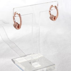 Rose Gold Plated Hoop Earrings with Sliding Rings, Unique Cubic Zirconia Pave Set Hoop Earrings, Sterling Silver Small Circle Charm Earrings image 2