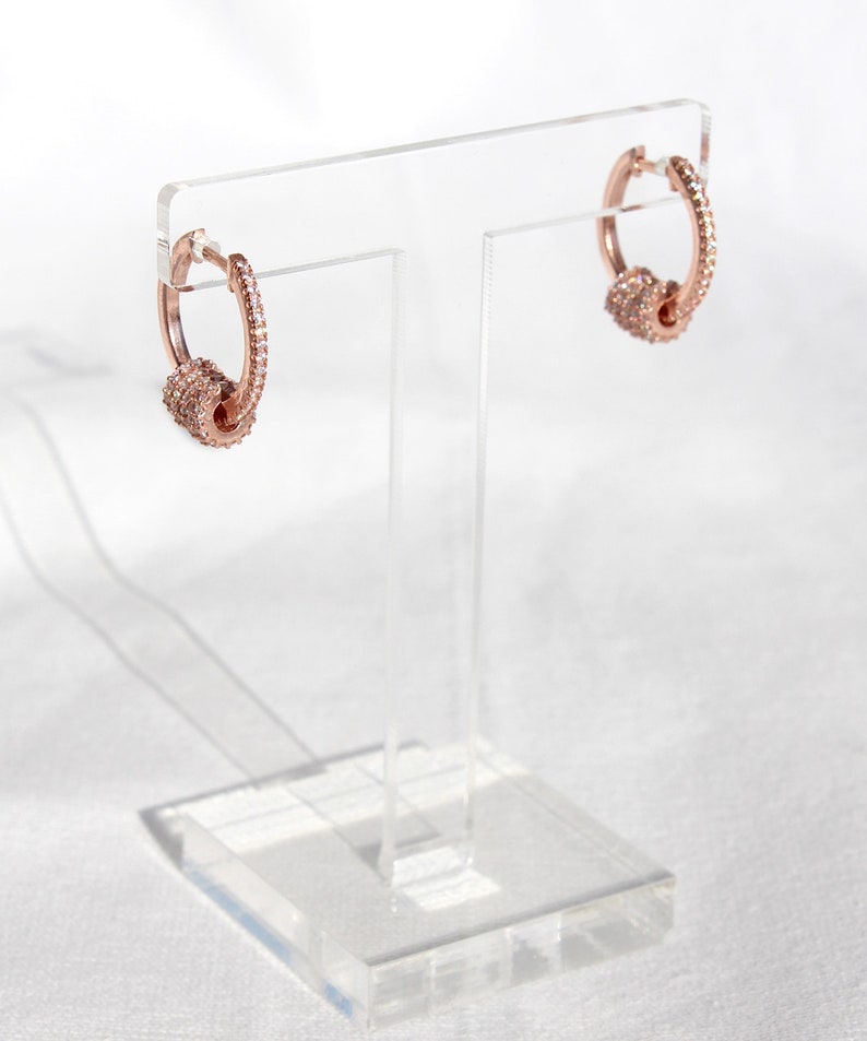 Rose Gold Plated Hoop Earrings with Sliding Rings, Unique Cubic Zirconia Pave Set Hoop Earrings, Sterling Silver Small Circle Charm Earrings image 2