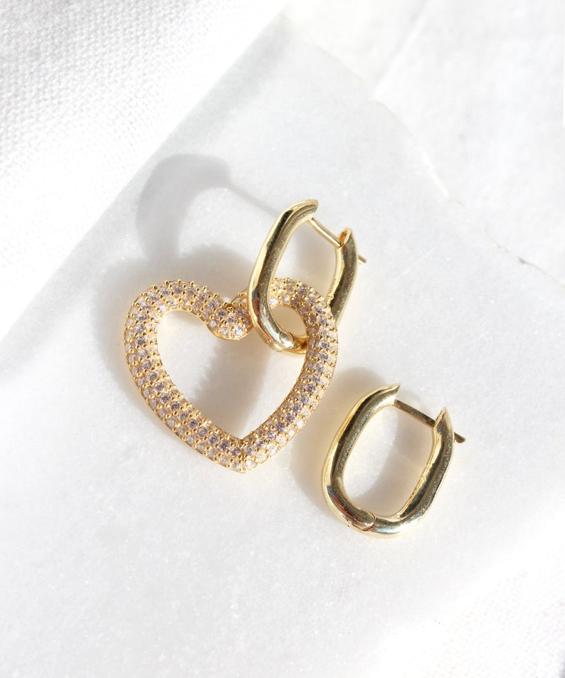 Gold Plated Mismatched Heart Hoop Earrings, Sterling Silver Square Hoop Earrings, Asymmetric Heart Dangle Earrings, Love Romantic Earrings image 1