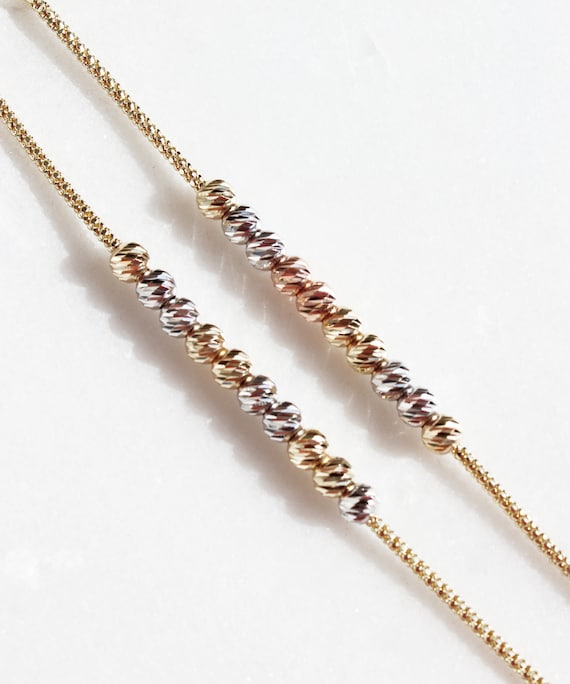 14K Solid Gold Dorica Beaded Satellite Bracelet: Tricolor Two Tone Popcorn Chain