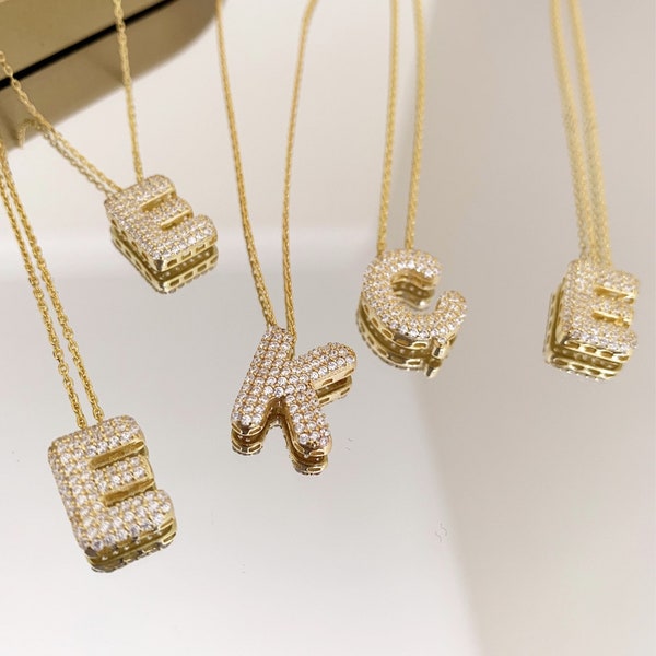 14K Gold Plated CZ Pave Bubble Letter Necklace, Sterling Silver Balloon Initial Name Pendant, Personalized Custom Gifts, Bridesmaid Gifts