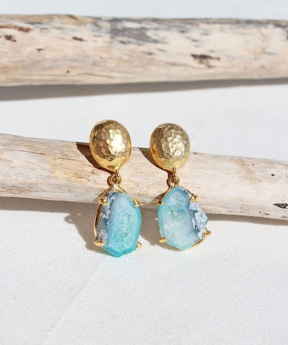 14 Karat Gold Plated Long Hammered Aqua Chalcedony Earrings 14 Karat Gold Plated Long Hammered Aqua Chalcedony Earrings