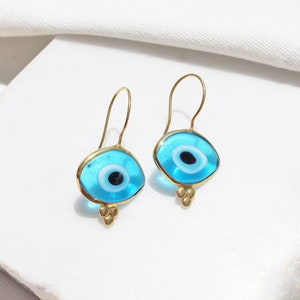 14K Gold Plated Evil Eye Glass Bead Drop Earrings, Organic Shaped Turkish Evil Eye Hook Earrings, Sterling Silver Nazar Protection Earrings image 2