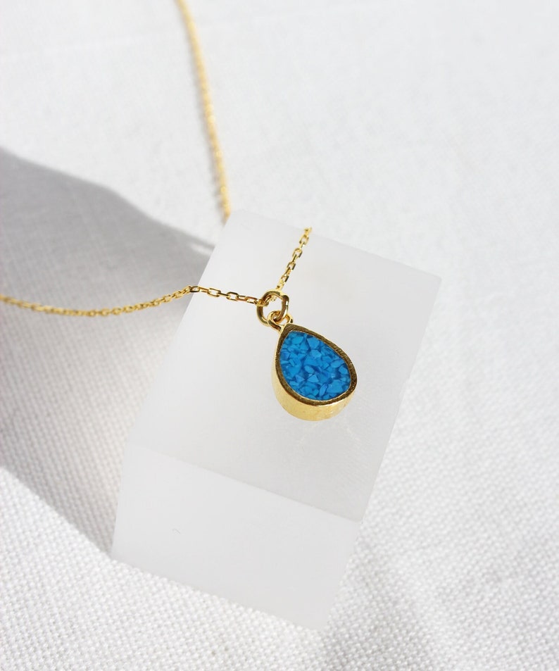 Mosaic Turquoise Teardrop Necklace, Sterling Silver Raw Turquoise Drop Necklace, 14K Gold Plated Blue Gemstone Pendant, Dainty Gift for Her image 1