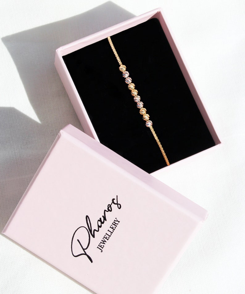 Pulsera satélite de cuentas dóricas de oro macizo de 14 quilates: cadena de palomitas de maíz bicolor tricolor imagen 4