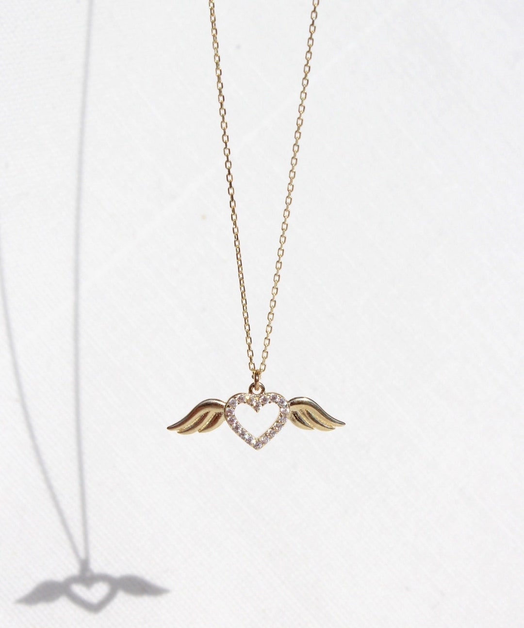 8K Solid Gold Angel Wing Heart Necklace, Minimalist Small Guardian