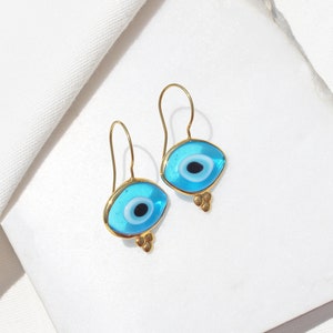 14K Gold Plated Evil Eye Glass Bead Drop Earrings, Organic Shaped Turkish Evil Eye Hook Earrings, Sterling Silver Nazar Protection Earrings image 6