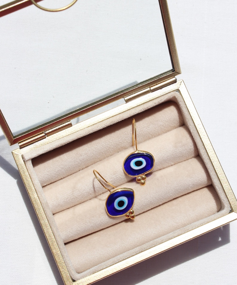 14K Gold Plated Evil Eye Glass Bead Drop Earrings, Organic Shaped Turkish Evil Eye Hook Earrings, Sterling Silver Nazar Protection Earrings image 9